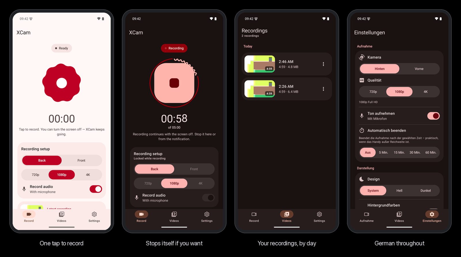Four screens: the record button in the light theme, recording with the time-limit ring, the recordings list and the German settings